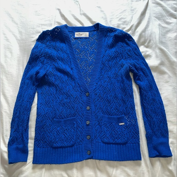 Hollister Sweaters - Hollister royal blue crochet knit button cardigan sweater with pockets Y2K